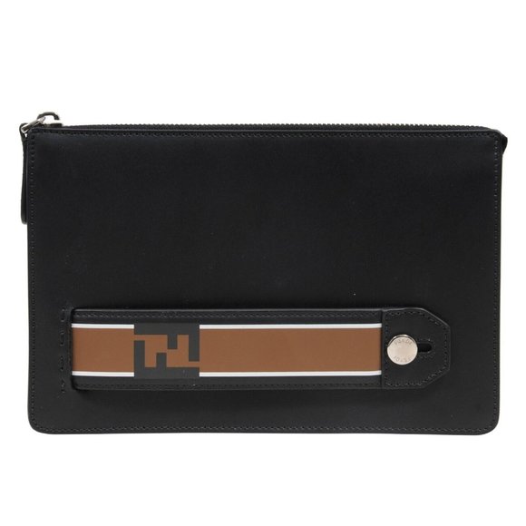 Fendi Womens Pouch Black Leather Brown FF Logo Clutch Mens Travel File Palladium - Picture 1 of 12